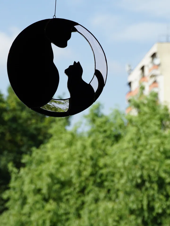 Black Cat with Kitten . Art stained glass window hanging Suncatcher . Gift for animal lover , pet loss memorial