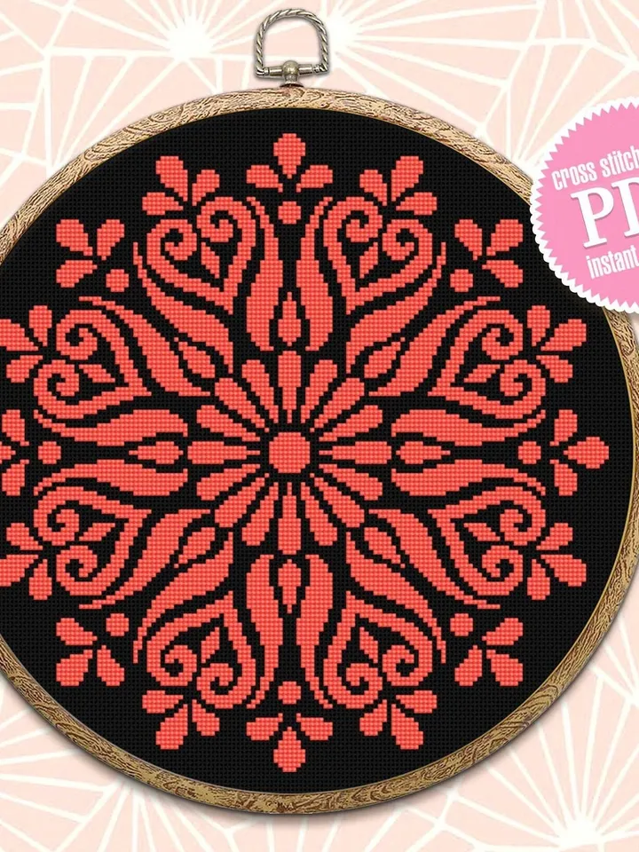 Flower mandala cross stitch pattern download PDF Mandala pattern digital, Monochrome cross stitch chart, Mandala ornament embroidery #M120