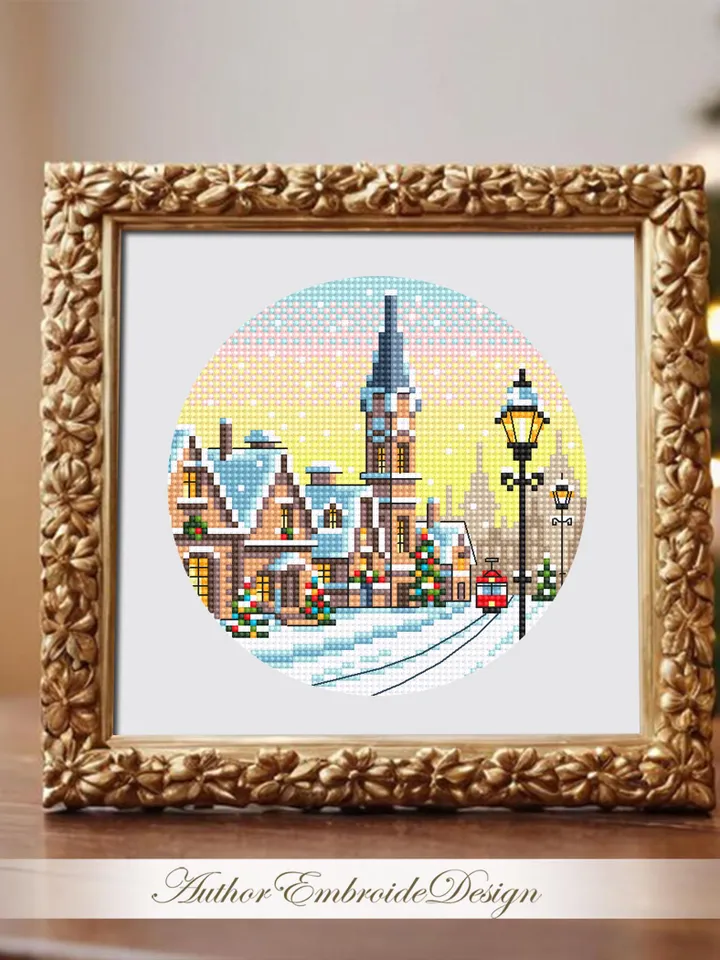Christmas city cross stitch pattern PDF download Winter landscape cross stitch, Christmas pattern digital PDF, Snow pattern beginner #N178