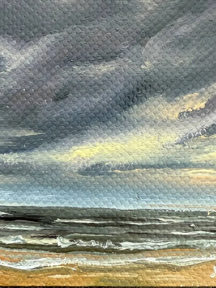 Small Landscape Oil Painting Framed Original Dark Clouds Antique Ocean Art Coastal Antique Frame Tiny Paintings 4 x 4 Art Victorian artwork