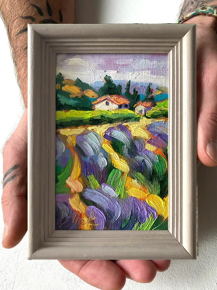 Lavender Fields Painting Tuscany Original Art Landscape Oil Painting Impasto Small Artwork 4x6 Tuscan Serenity Painting Wild Flowers