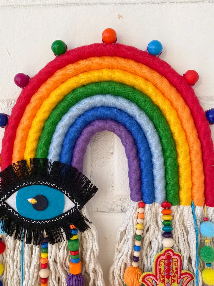 Macrame rainbow wall hanging, Evil eye and hamsa hand, Hippie room decor, Housewarming gift, Dorm room decoration