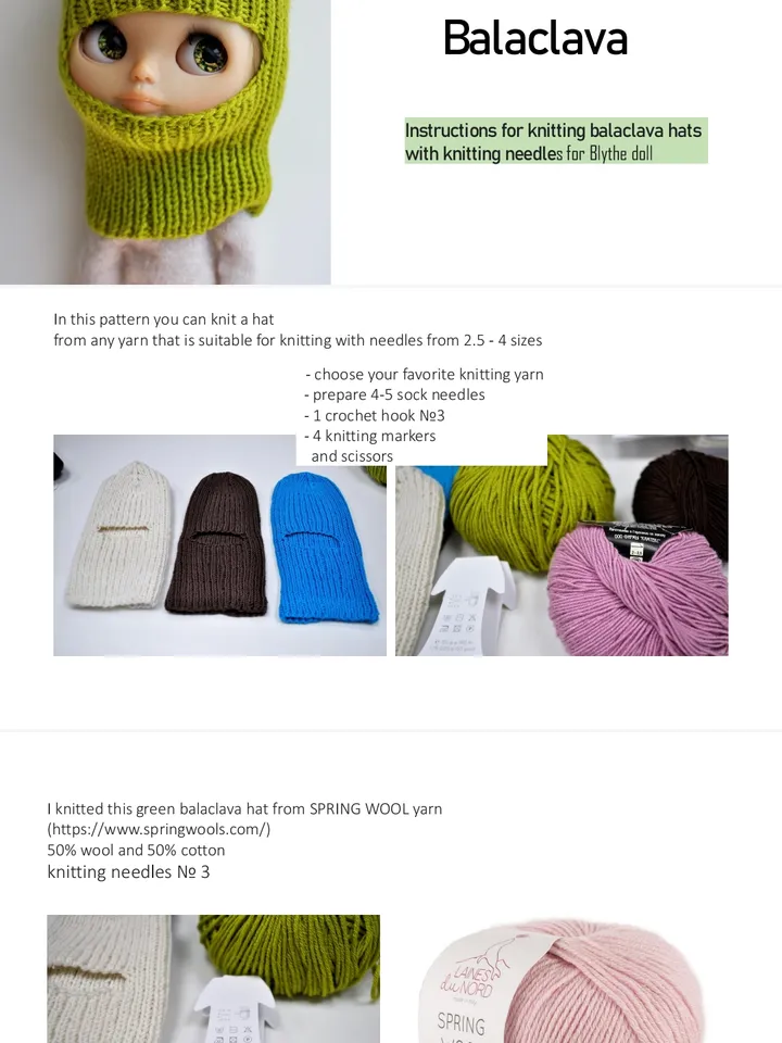 Pattern knit Balaclava hat for Blythe doll
