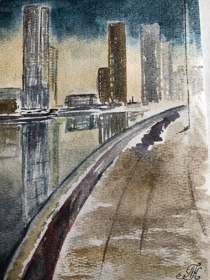 Night city cityscape wall art hand painted modern watercolour painting