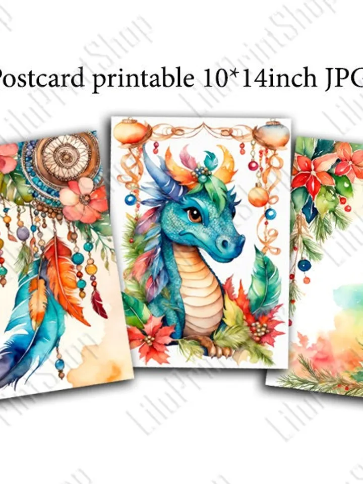 Christmas postcard printable 10*14 inch. Boho Watercolor art print with Dragon, feather, beads and Poinsettia. Digital instant download