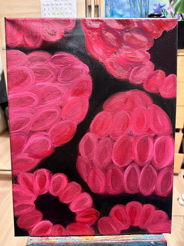 Oil Painting Raspberry Summer Berries Nature Food Wall Decor Stretched Canvas 40x30 cm 16x12 inches