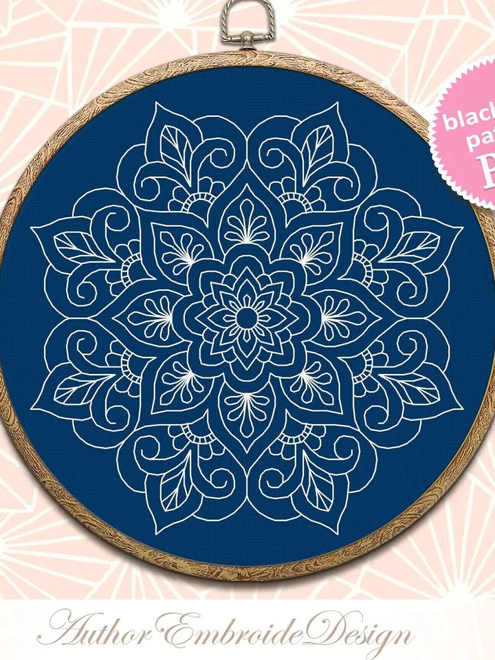 Floral mandala blackwork pattern PDF Backstitch chart Mandala ornament, Blackwork mandala embroidery download PDF, Blackwork embroidery #W20