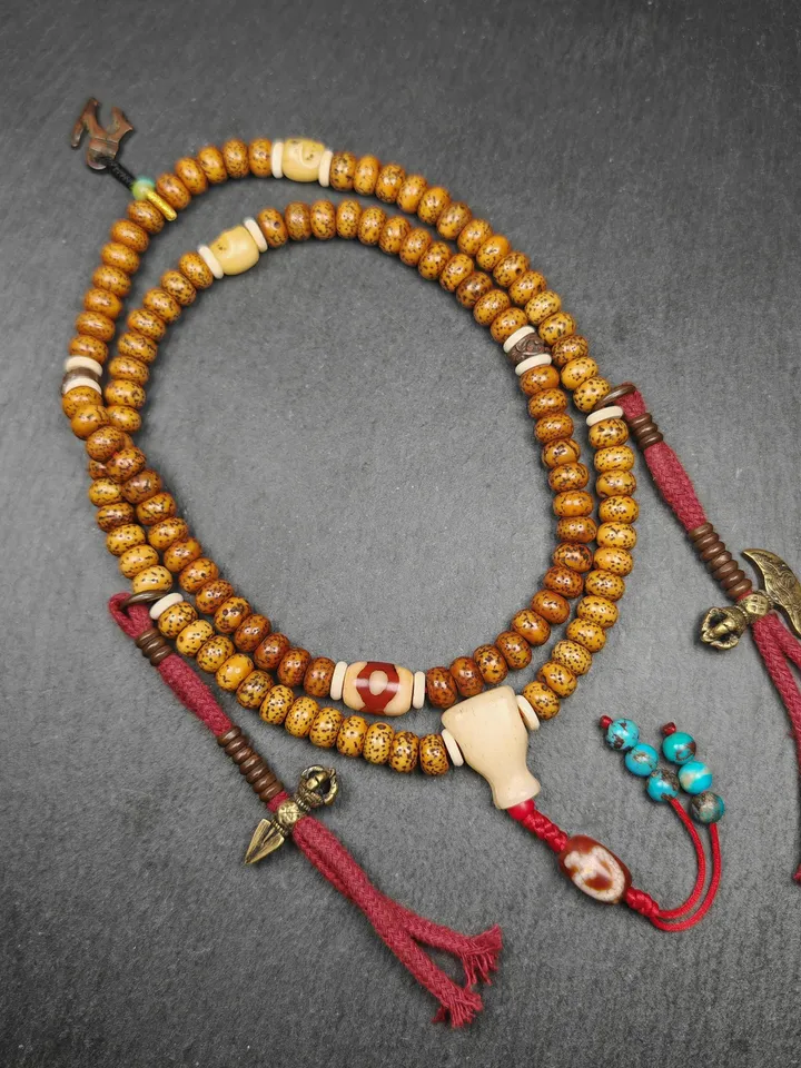 Authentic Tibetan Prayer Beads, Old 8+mm 108 Lotus Seed Mala Necklace - Handcrafted Tibetan Rosary with Unique Mix of Treasures