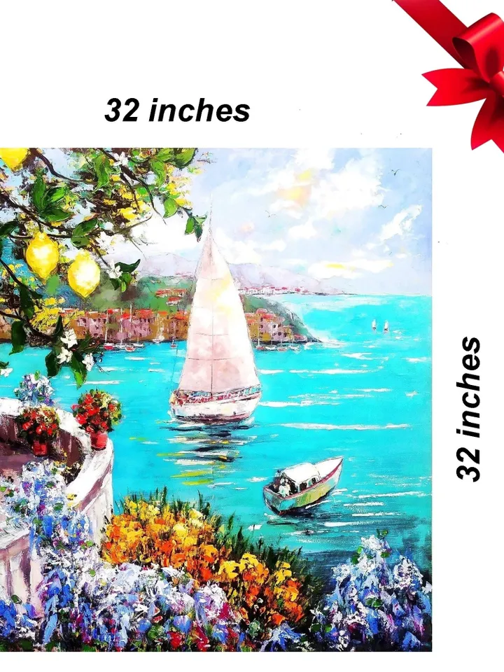 Italy Painting Amalfi Original Art Impaso Oil Painting Office painting Sea Painting Impasto Large Flowers Canvas Art 32x32 inches