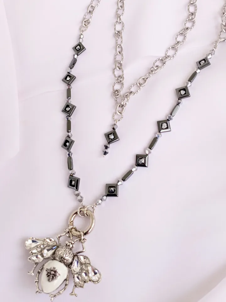 Handmade luxury bee necklace, silver bee pendant, statement bee jewelry, bee gift for her, long bee necklace