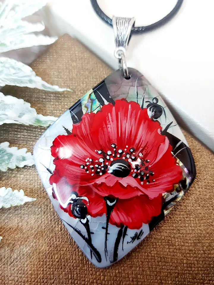 Pearl pendant necklace: Big red poppy flower on handmade necklace • Hand painted statement jewelry for dress • unique trendy floral necklace