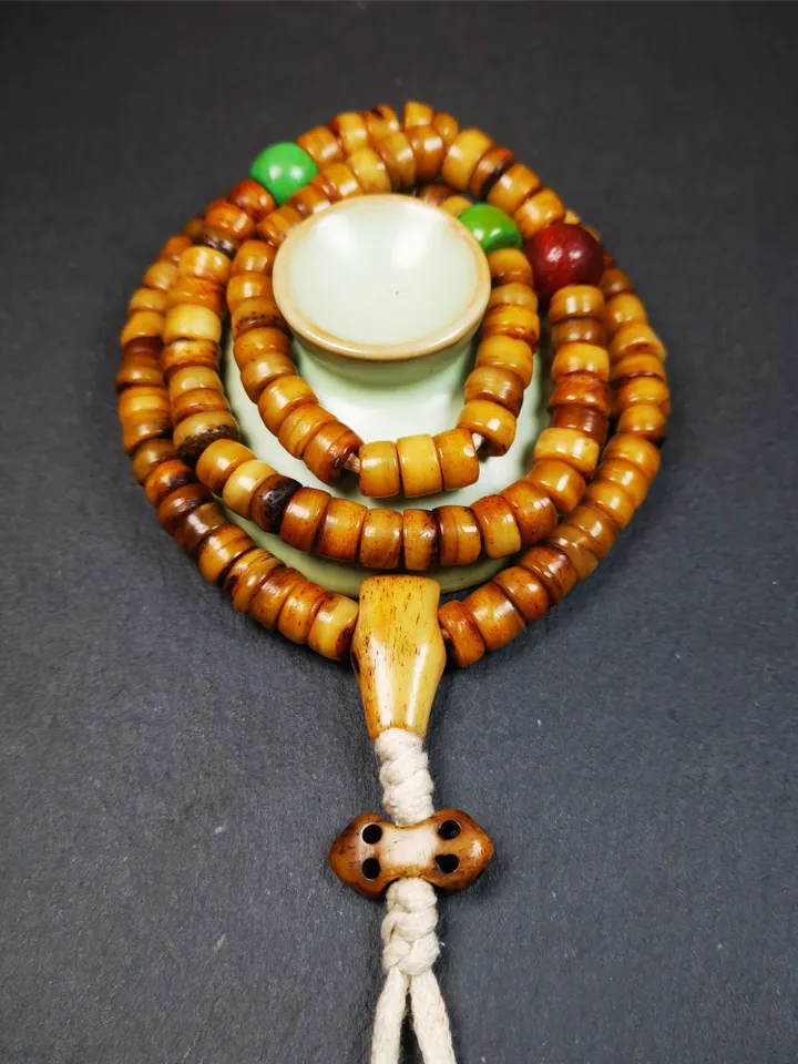 Gandhanra Old Tibetan 108 Yak Bone Mala,Prayer Beads Necklace,Rosary Beads for Meditation,Diameter 0.35", Circumference 22"