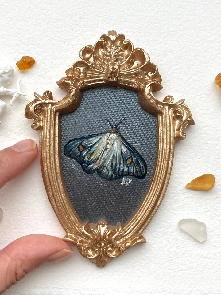 Moth Painting Original Gold Frame Art Original Oil Painting Small 3x4 Butterfly Artwork Enotomology Wall Decor