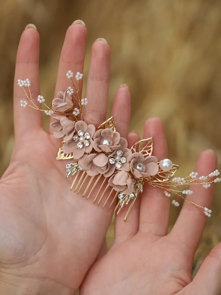 Light Blue Flowers Wedding Hair Comb, Floral Bridal Headband, Leaf Hair Comb, Hair Pins, Headpiece, Wedding Hair Accessories, Jewelry set