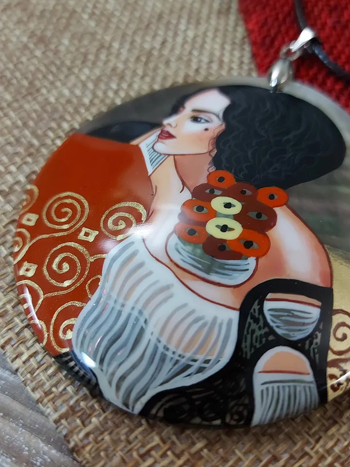 Gustav Klimt. Pendant " Judith ". Mother-of-pearl Russian hand-painted necklace. Hand paint necklace pendant.Hand painted miniature painting