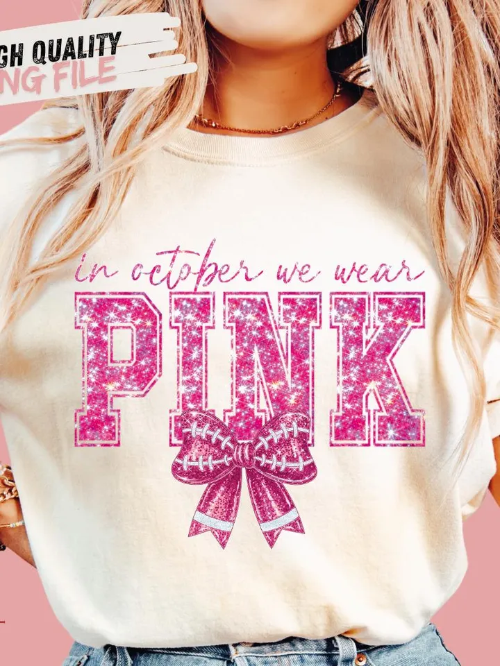 In October We Wear Pink png, Football Pink Out png, Breast Cancer Football Png, Breast Cancer Awareness PNG, Pink Ribbon, Game Day Football