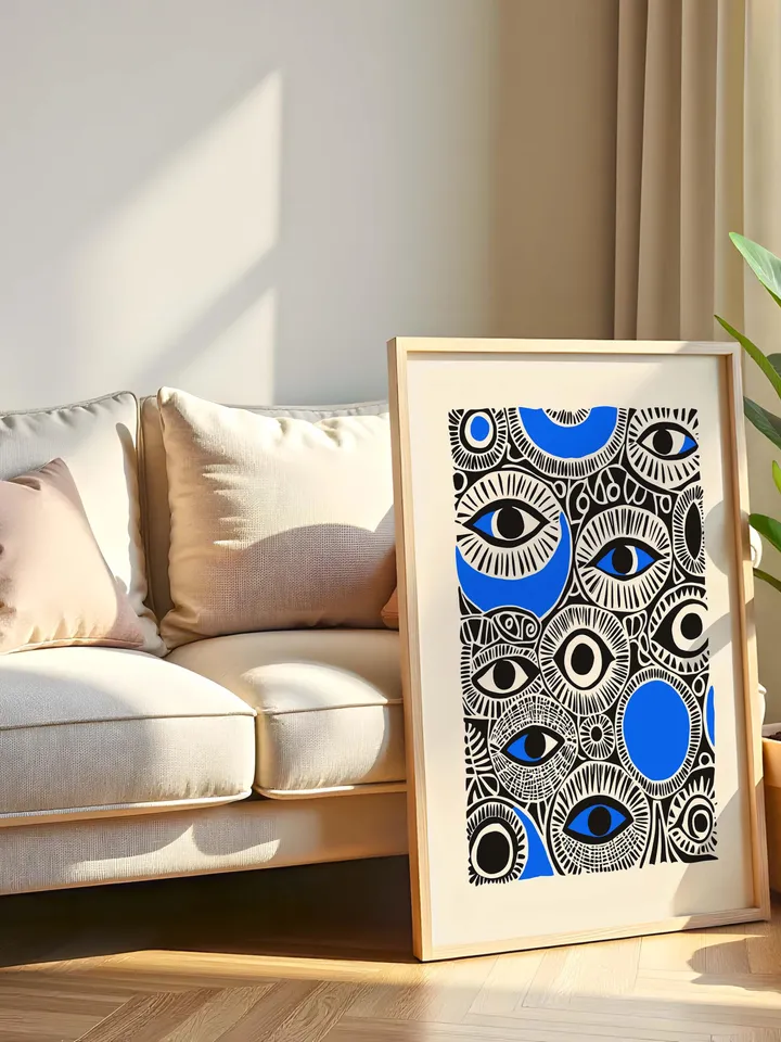 Abstract Eye Collage Print, Surreal Eye Wall Art, Bold Blue Black Poster, Eclectic Eye Decor, Whimsical Illustration, Digital Download