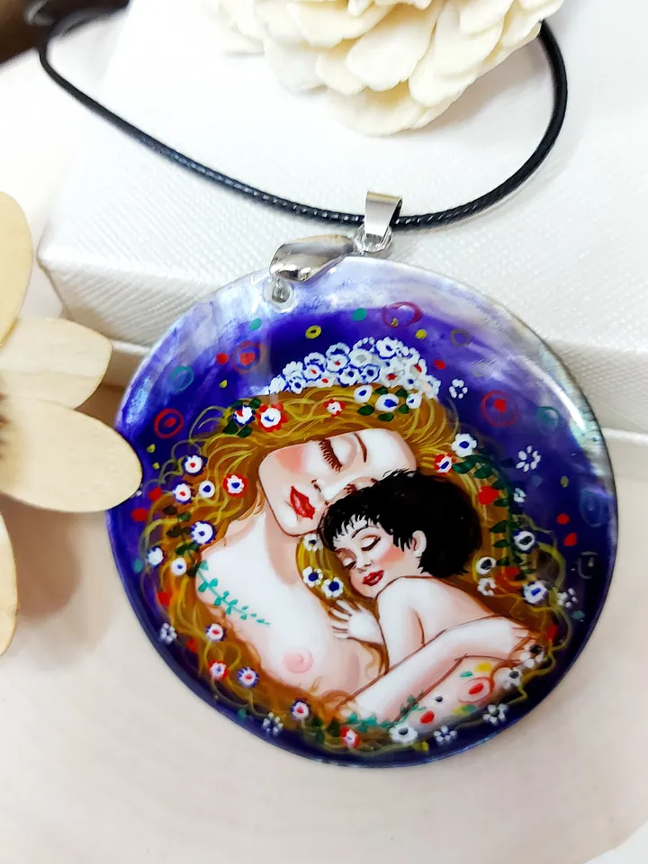 Pendant "Mother and child" Gustav Klimt Mother-of-pearl hand-painted Russian jewelry Summer jewelry fine art jewelry miniature painting