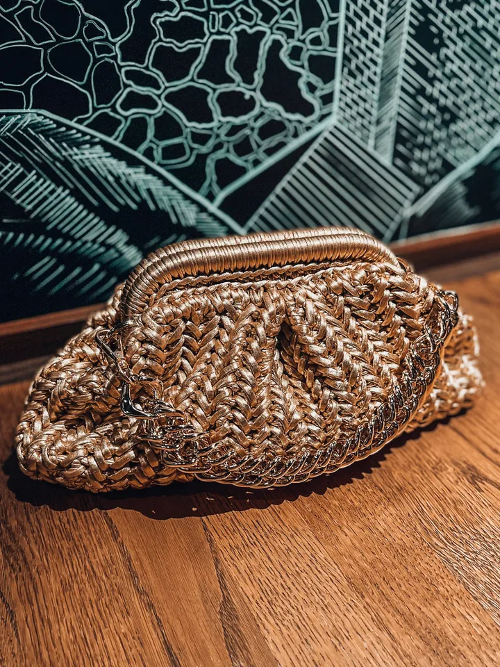 Dumpling vintage bag, gold claps, bridesmaid wedding clutch, crochet handbag, luxury gift