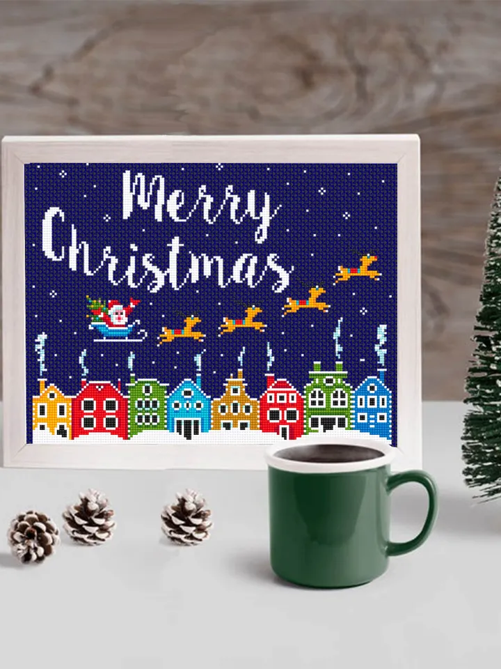 Merry Christmas cross stitch pattern PDF download Winter town cross stitch chart, Christmas pattern digital PDF, Christmas houses #N49