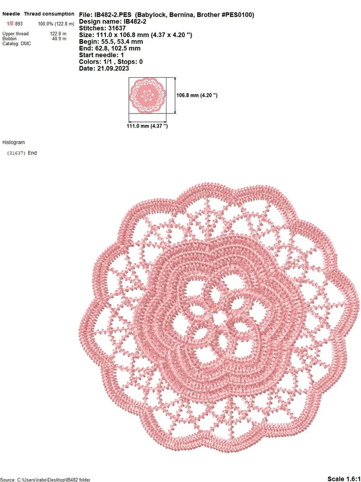 Lace elements using the crochet technique, for creating decorative elements and embellishments, machine embroidery designs