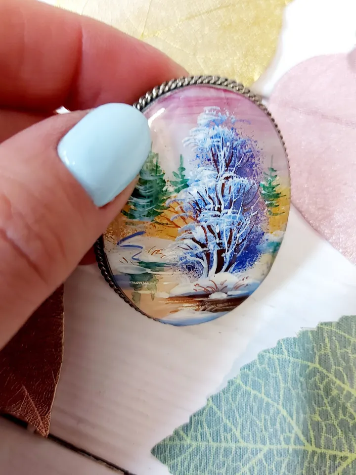 Brooches for women: Lonely solitary tree near snowy river on pearl brooch • aesthetic handmade jewelry • winter cute accessory for girl