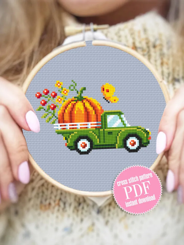Fall truck with pumpkin cross stitch pattern PDF download Farmhouse truck cross stitch chart, Small pumpkin pattern PDF, Thanksgiving #H60