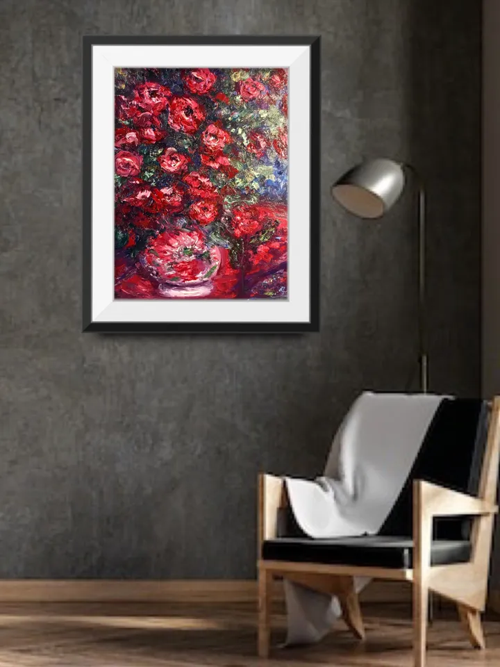 Red flowers in a vase,original oil heavy textured impasto painting on 3d canvas ,wall hanging,home decoration,gift.
