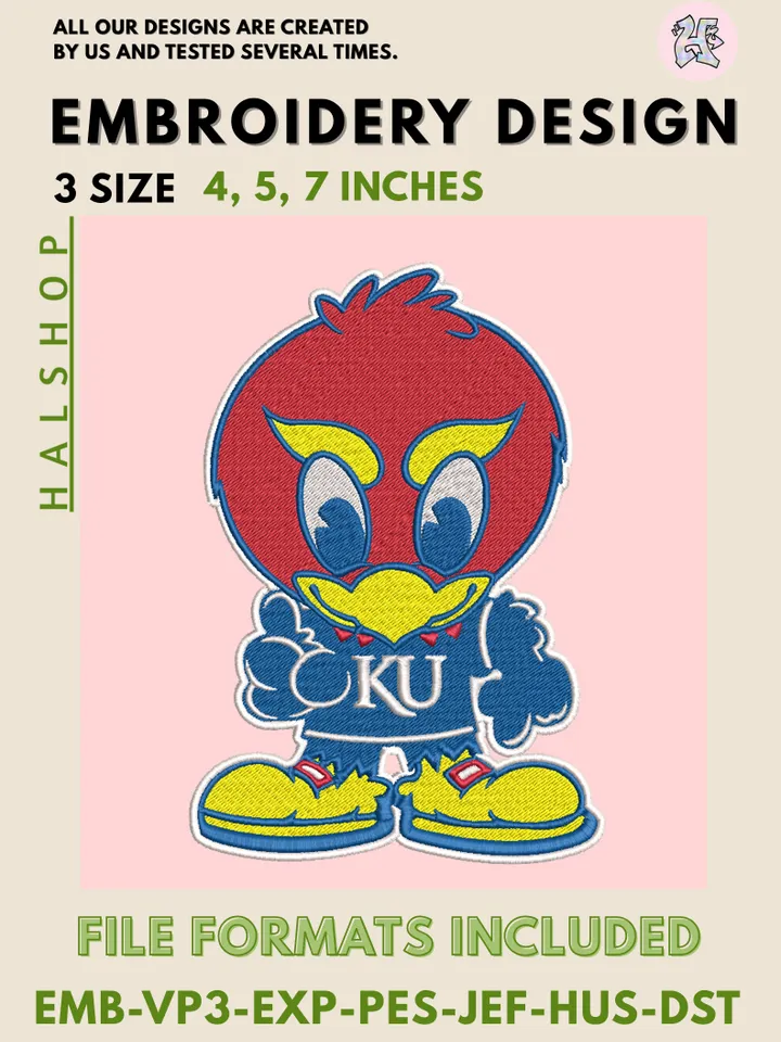 Kansas Jayhawks NCAA Logo Embroidery Design – Digital Download for Machine Embroidery 💙🐦