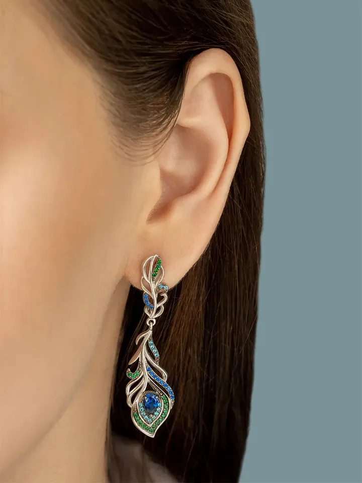 Women's earrings 925 silver peacock feathers with blue and green cubic zirconia, bird of happiness