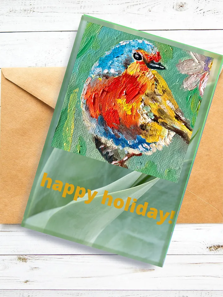 Greeting Card from my Original Oil Painting, Happy Holiday postcard, Robin Bird E-Card, Instant digital download