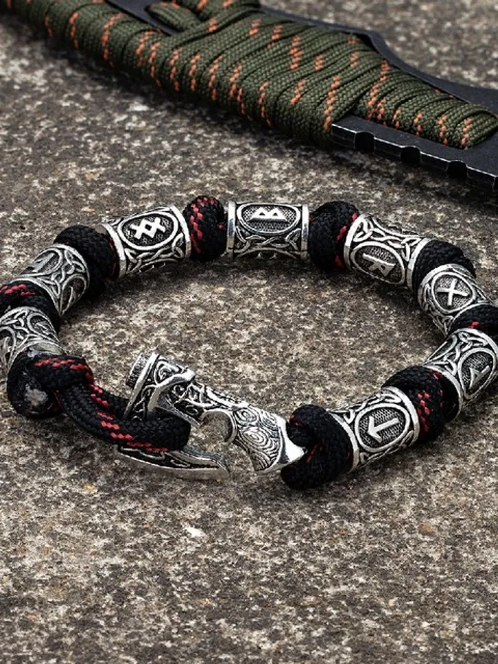 Handmade paracord and stainless steel bracelet with Viking runes