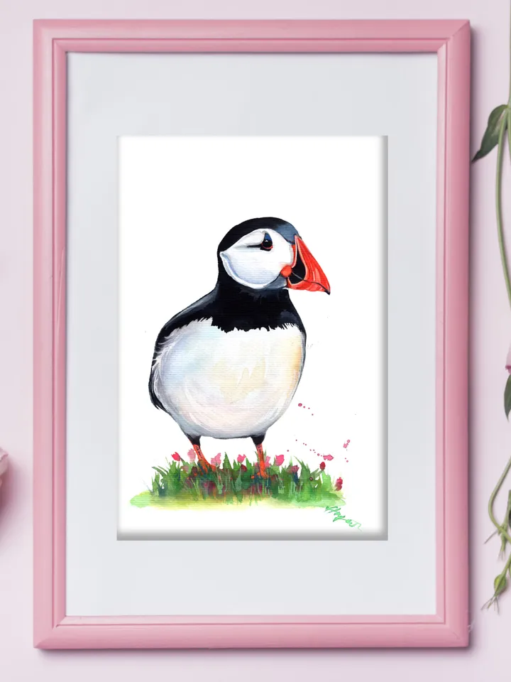 Puffin original watercolor, birds painting, wall decor, 7x10 in art for bird lovers by Anne Gorywine