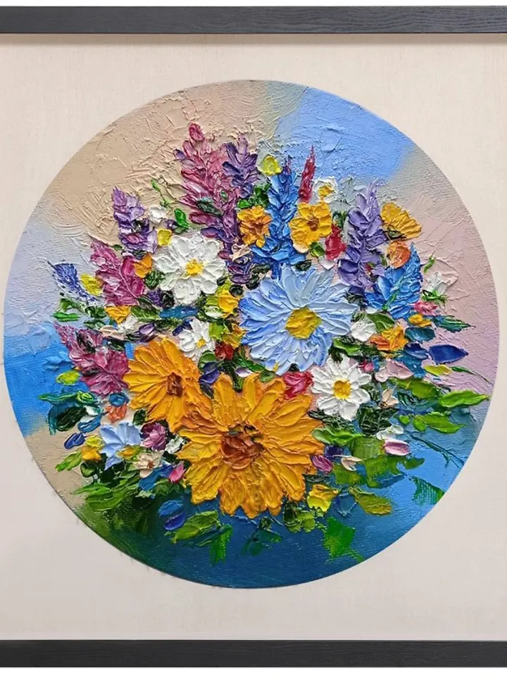 Round Oil Painting Bright Flowers Chamomile Sunflowers Miniature Impasto d.18 cm