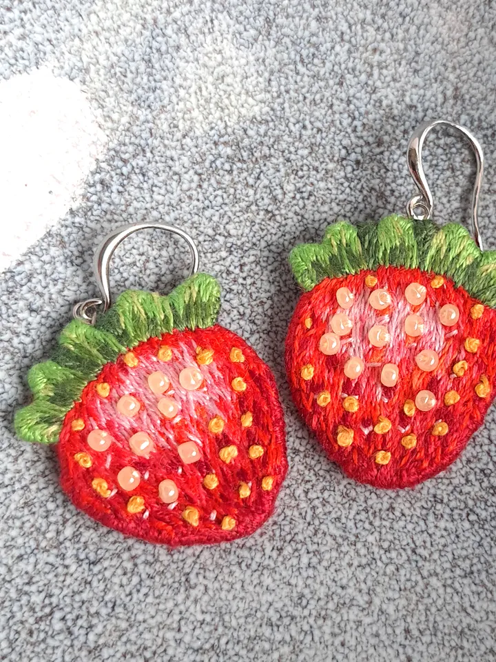 Strawberry Earrings Hand Embroidered, Sweet Strawberry Earrings, Birthday gift, Stylish accessory, Boho design