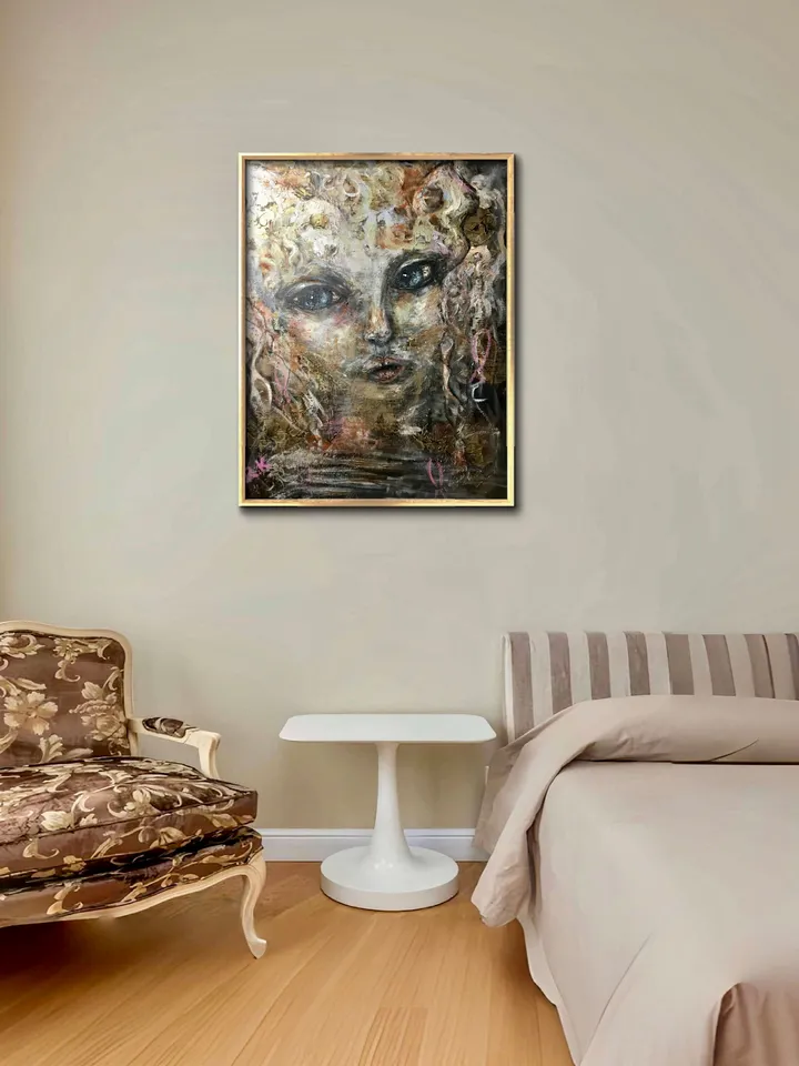 Fantasy woman-cat original acrylic mix media painting on canvas,one of a kind.