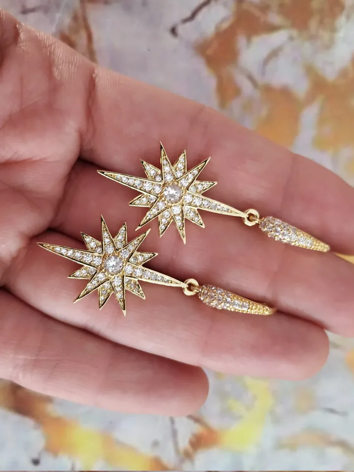 Gold Crystal Star Bridal Earrings | Gold Statement Earrings | Drop Wedding Earrings | Wedding Jewelry | Celestial Jewelry | Bridesmiad Gift