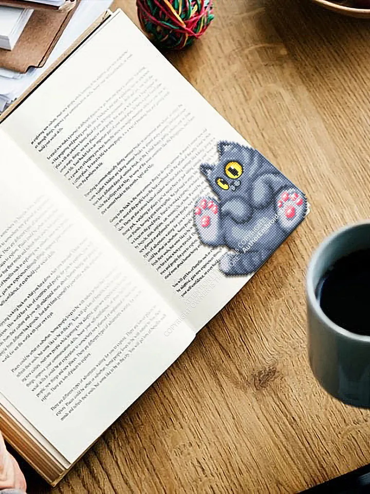 Gray cat corner bookmark cross stitch pattern download PDF Cat cross stitch chart, Cat bookmark digital pattern PDF, Cat lover gift #B269