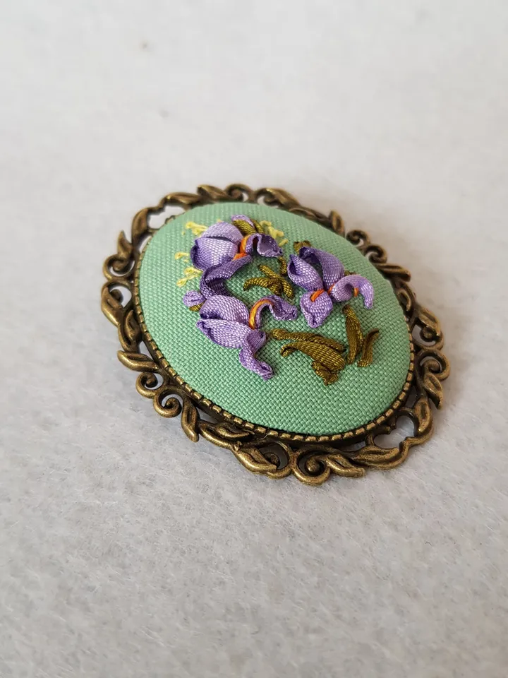 Ribbon embroidered brooch for her, embroidery irises