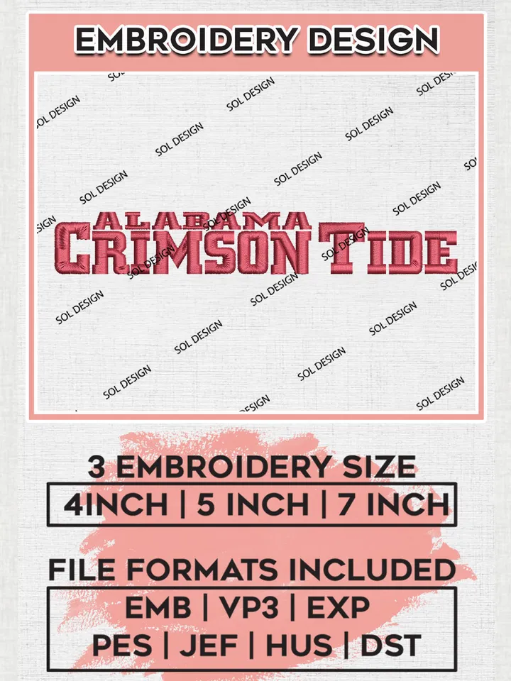 Alabama Crimson Tide Team Wordmark Logo Embroidery Design Files, NCAA Alabama Crimson Tide Machine Embroidery, NCAA Teams, 3 sizes, NCAA Machine embroidery designs, Digital Download