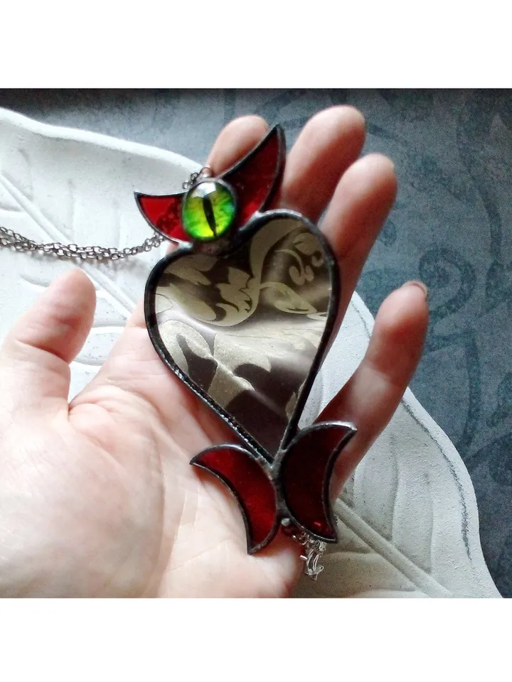 Stained glass scrying mirror necklace, Black goth ornate mirror, Bat mirror, Car hanger, Witch mirror, Heart mirror