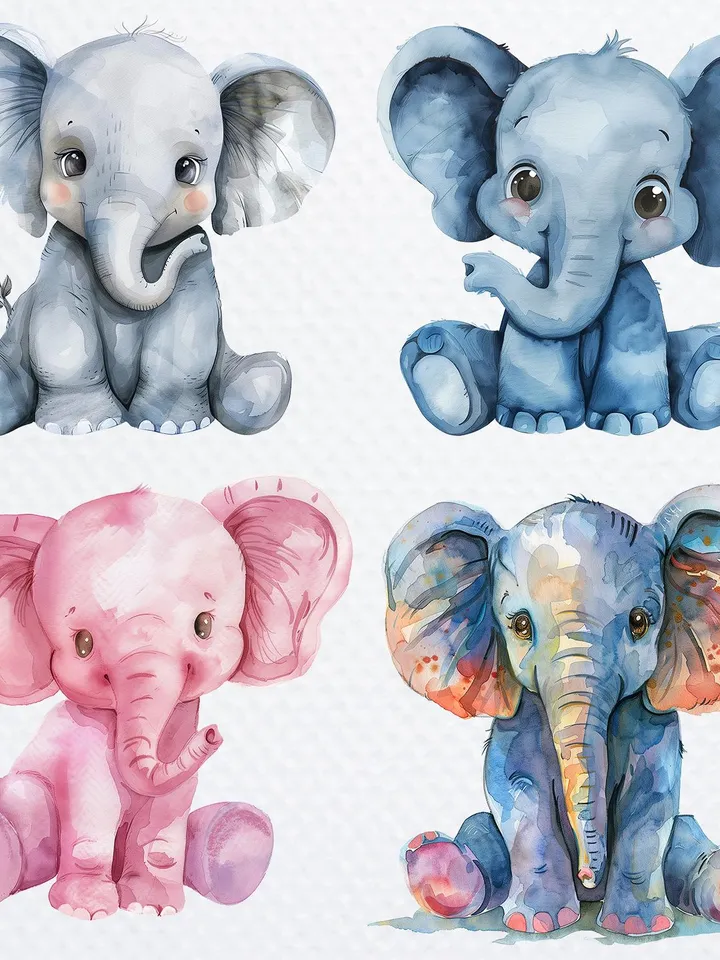 18 Cartoon Elephant PNG Bundle, Baby Elephant Printable Watercolor clipart for sublimation, Digital download, Paper craft, junk journal