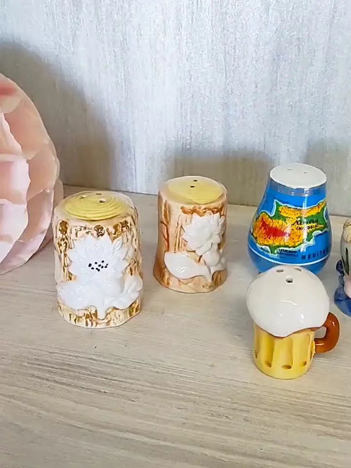 interesting jars,porcelain kitchen jars,spice figurines,small vintage spice containers,retro table decor,small bottle,salt cellar,spice jar