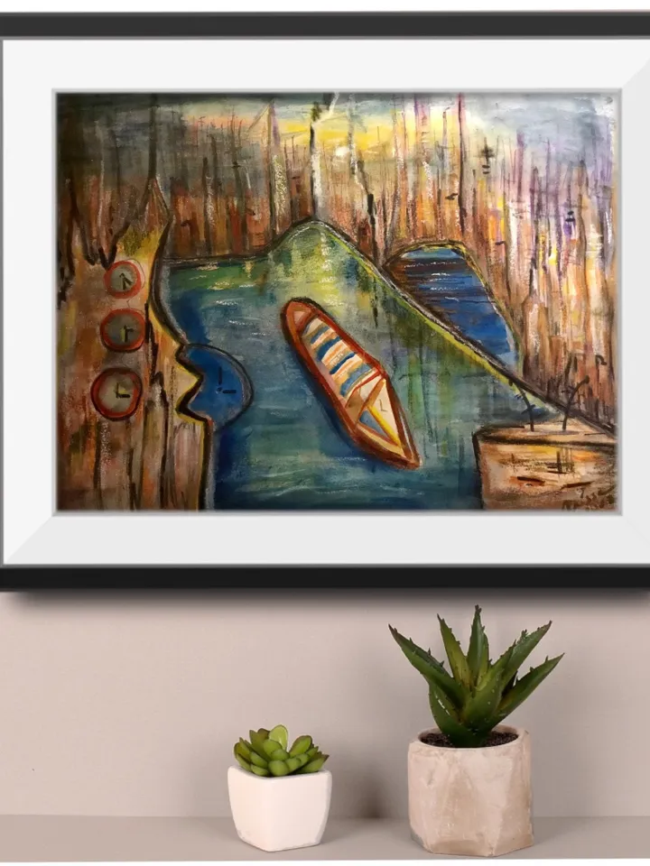 Fantasy cityscape with a boat,original watercolour mix media painting on watercolour 350 g paper,fantasy landscape wall hanging.