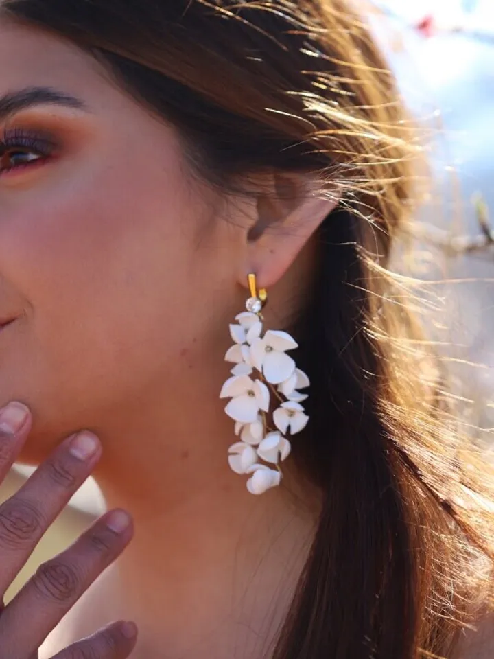 Boho Wedding Earrings for brides, Delicate Porcelain Flowers Bridal Earrings, Gold Wedding Earrings, Swarovski Crystal Wedding Earrings,