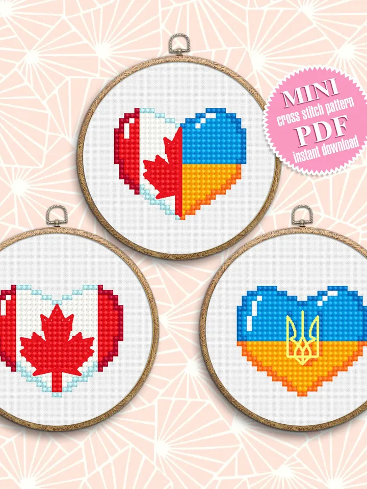 Patriotic cross stitch pattern PDF download Canadian flag heart cross stitch, Mini heart Ukrainian flag embroidery, Independence Day #T24