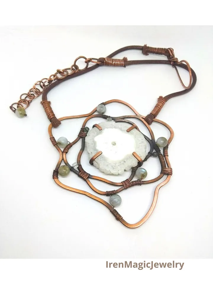 Copper Necklace “Stone Flower” with Stalactite Slice