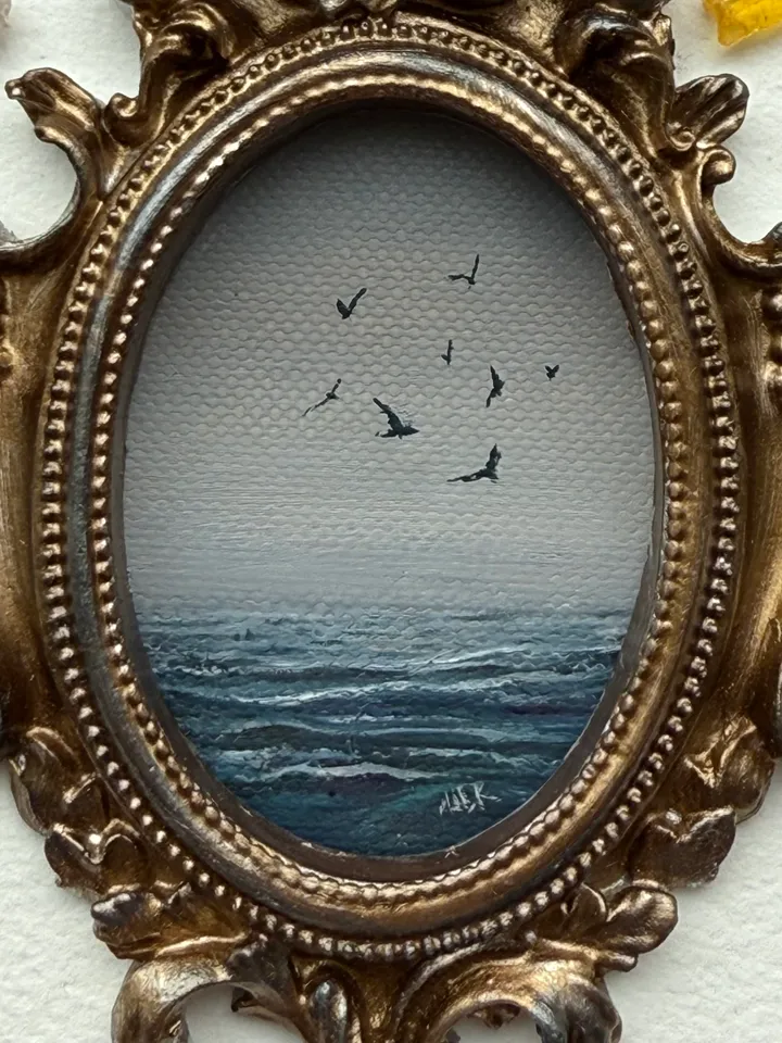 Ocean Landscape Painting Original In Vintage Style Frame Small Framed Museum Style Painting Art Renaissance Antique Seascape Painting Foggy Coast