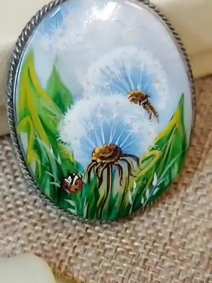 Brooches for women: Tiny rustic dandelion with ladybug jewelry pin, miraculous handmade flower brooch hand painted on mother of pearl shell