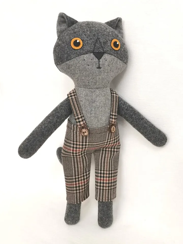 Gray cat boy, kitten wool plush toy, handmade textile stuffed cat